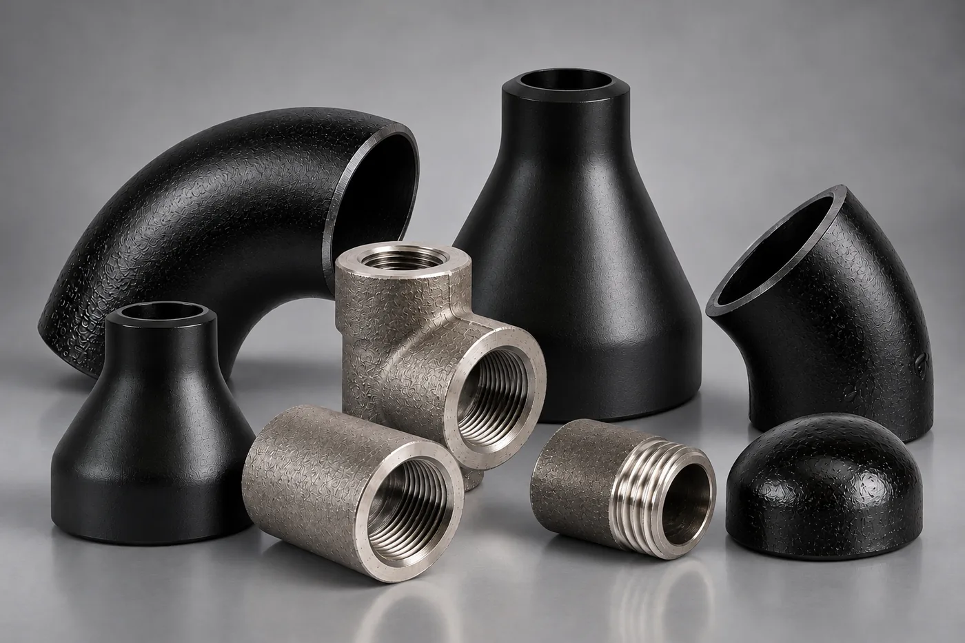 Curvas, reduções e tampão em aço carbono ao lado de tê, luvas e niple galvanizados