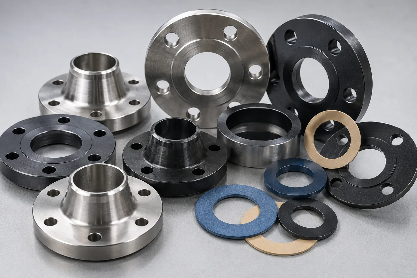 Flanges de diferentes tipos e bitolas ao lado de juntas de vedação