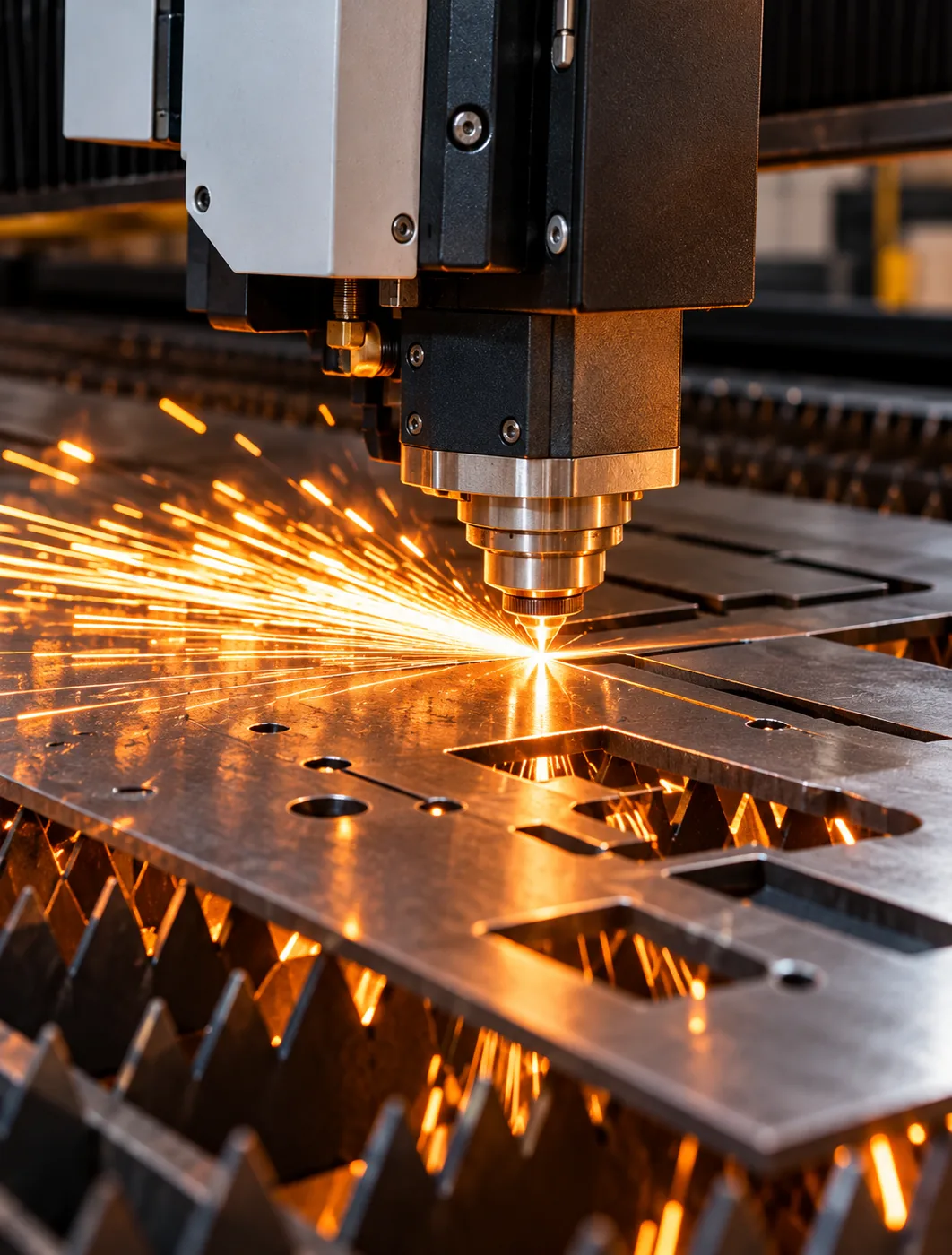 Corte a laser CNC em chapa de aço, com faíscas