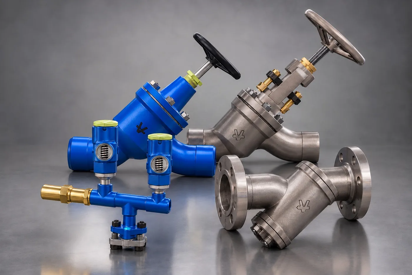 Válvulas industriais com volante, conjunto de manifold e filtro Y flangeado